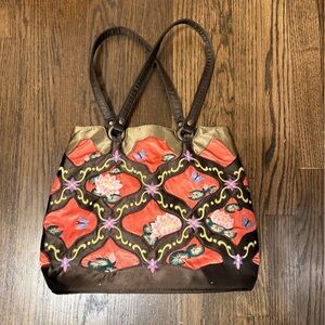 Papillon Blanc Silk Brown and Coral Floral Shoulder Bag